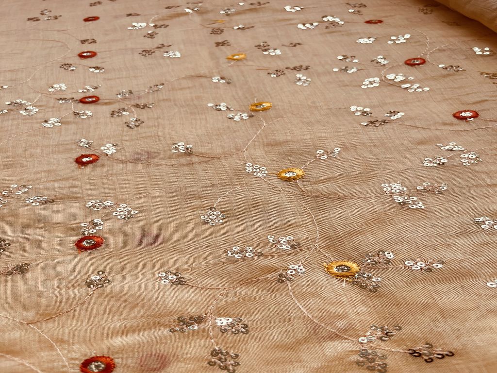 Peach With Silver Sequins And Yellow Thread Embroidery Chanderi Fabric