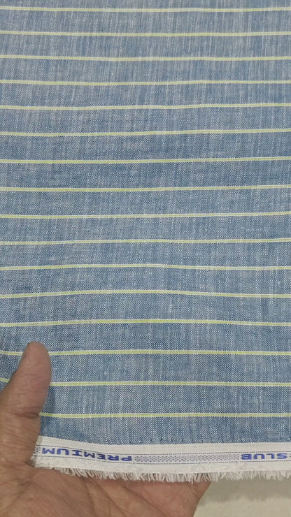 Indigo & Lime Textured Stripes Premium Cotton Linen Fabric