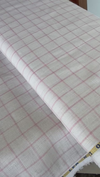 White On Pink Checks 100% Pure Natural Linen Fabric (0% Cotton)