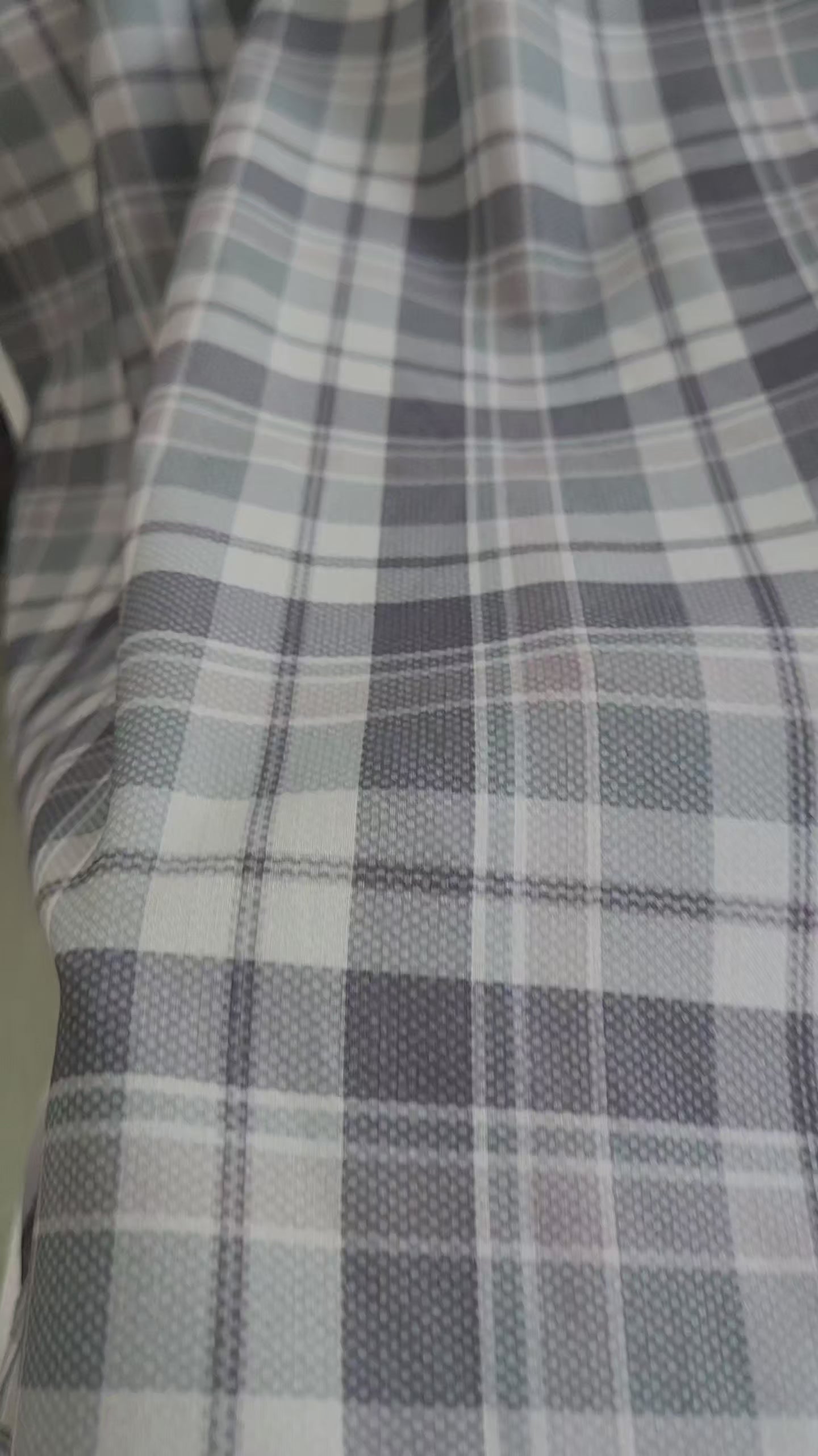 Multi-tonal plaid pattern in muted shades of slate gray, silver-ash, and crisp white cotton linen Digital print Fabric