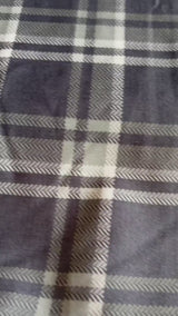 Multi-tonal plaid pattern in muted shades of Charcoal gray, Mid-tone grey, and crisp white cotton  Digital print Fabric