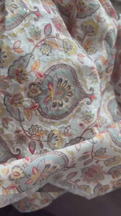 Heritage Bloom: Digital Print & Chikankari Embroidered Fabric