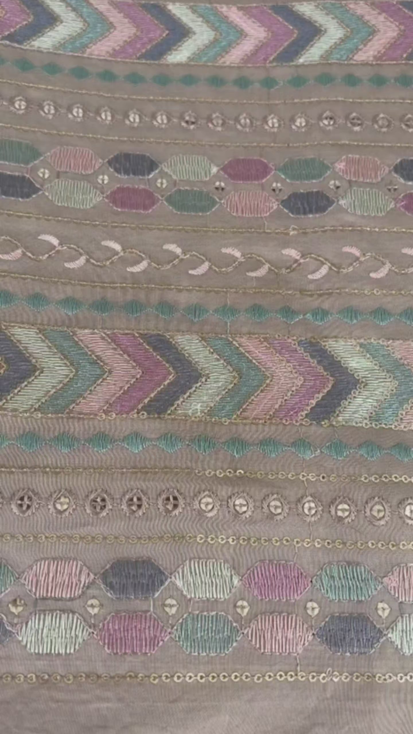 Taupe-Brown Geometric Chevron Embroidered Fabric(Big Width)