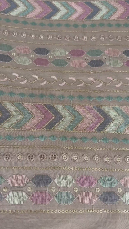 Taupe-Brown Geometric Chevron Embroidered Fabric(Big Width)