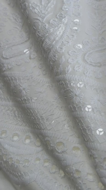Chikankari Embroidered White Cotton Fabric with Sequins work