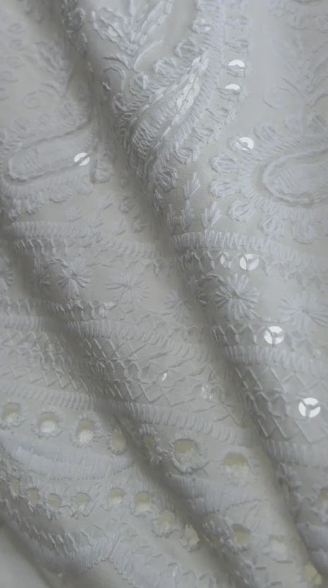 Chikankari Embroidered White Cotton Fabric with Sequins work