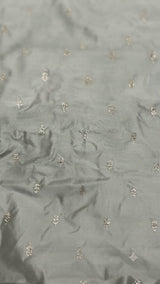 Golden Glitter Thread Embroidered Motifs on Pastel Olive Green Malai Chanderi Silk Fabric