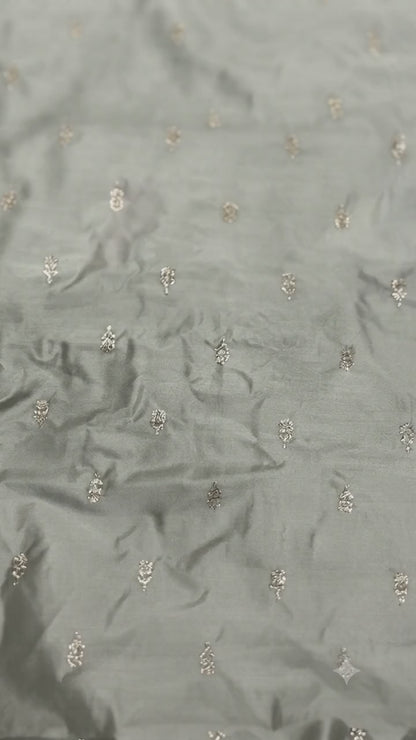 Golden Glitter Thread Embroidered Motifs on Pastel Olive Green Malai Chanderi Silk Fabric