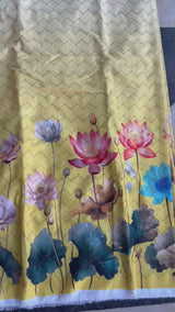 Lotus Flowers in pink Orange and Blue on Yellow base Digital print Big Width   Poly Fabric
