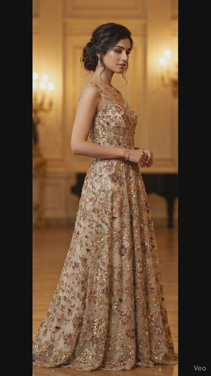 Imported Fawn Net with Heavy Handwork Embroidery Allover