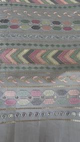 Soft Grey Geometric Chevron Embroidered Fabric(Big Width)
