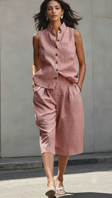Soft, Muted Rose-Pink With Horizontal stripes 100%Pure Linen (No Cotton)