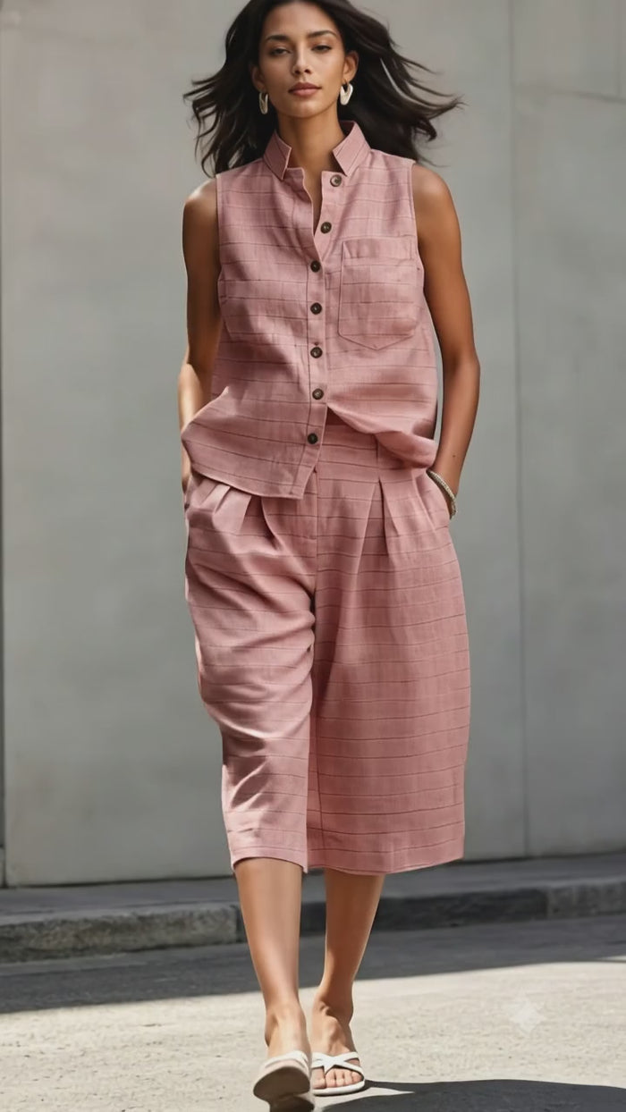 Soft, Muted Rose-Pink With Horizontal stripes 100%Pure Linen (No Cotton)