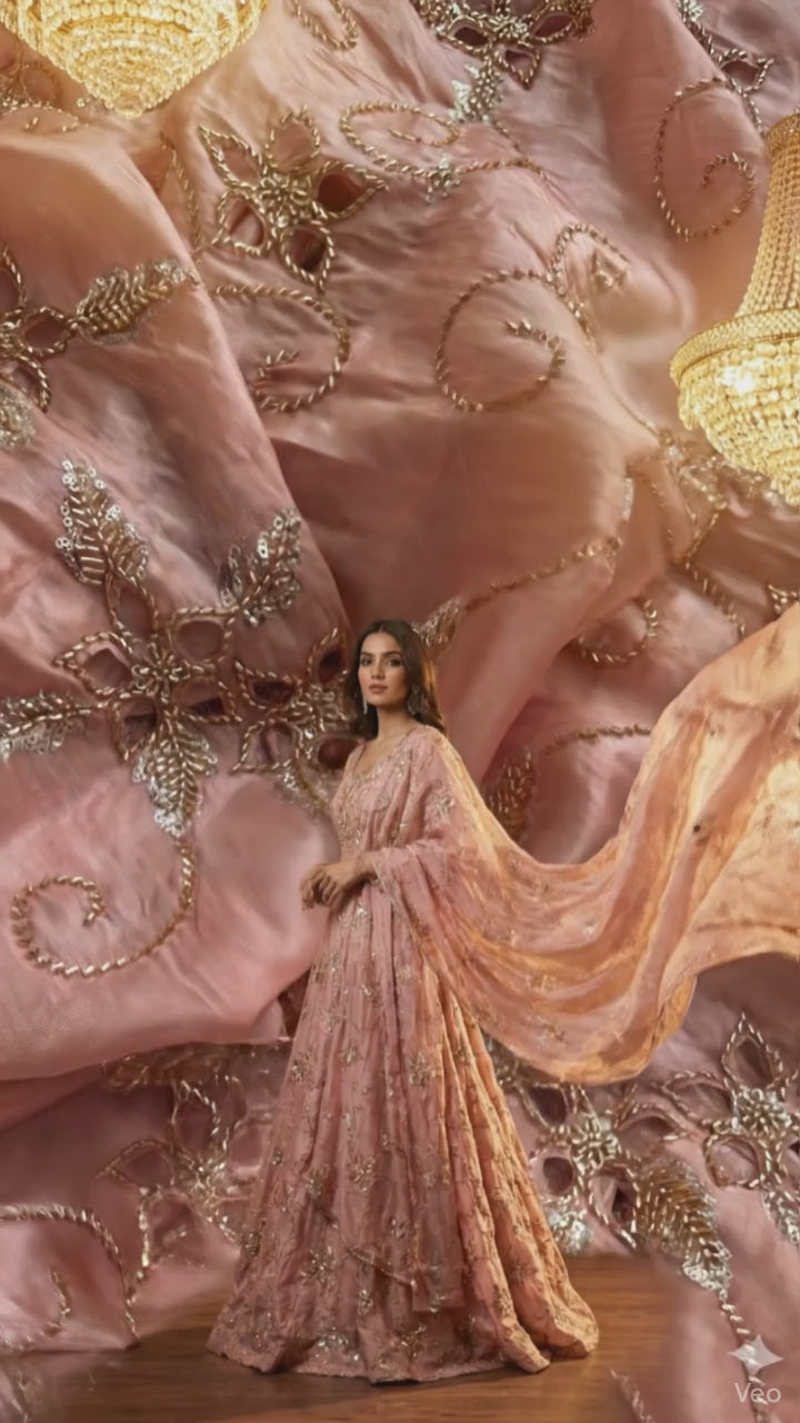 Pink Jimmy-Choo Fabric with Light Golden Beads, Cutwork and lots of Cutdana Handwork