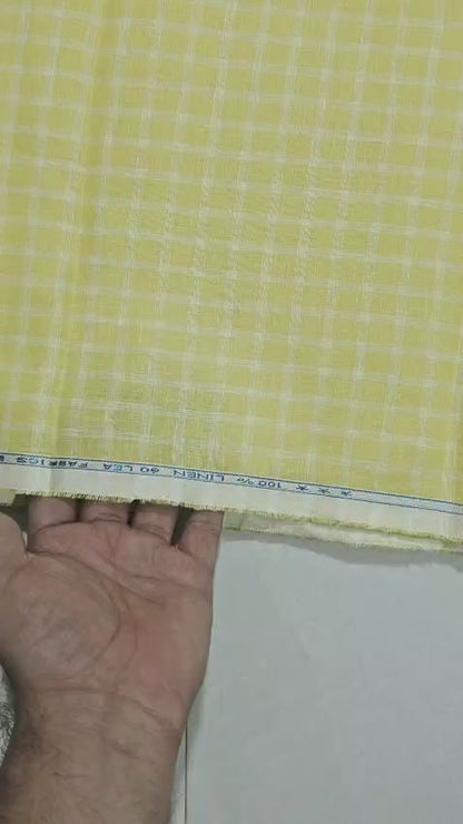 Premium Pastel Yellow Gingham Checks 60 Lea 100% Pure Natural Linen Fabric (0%Cotton)