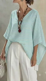 Premium Teal Green-White Striped Cotton-Linen 60 Lea Fabric
