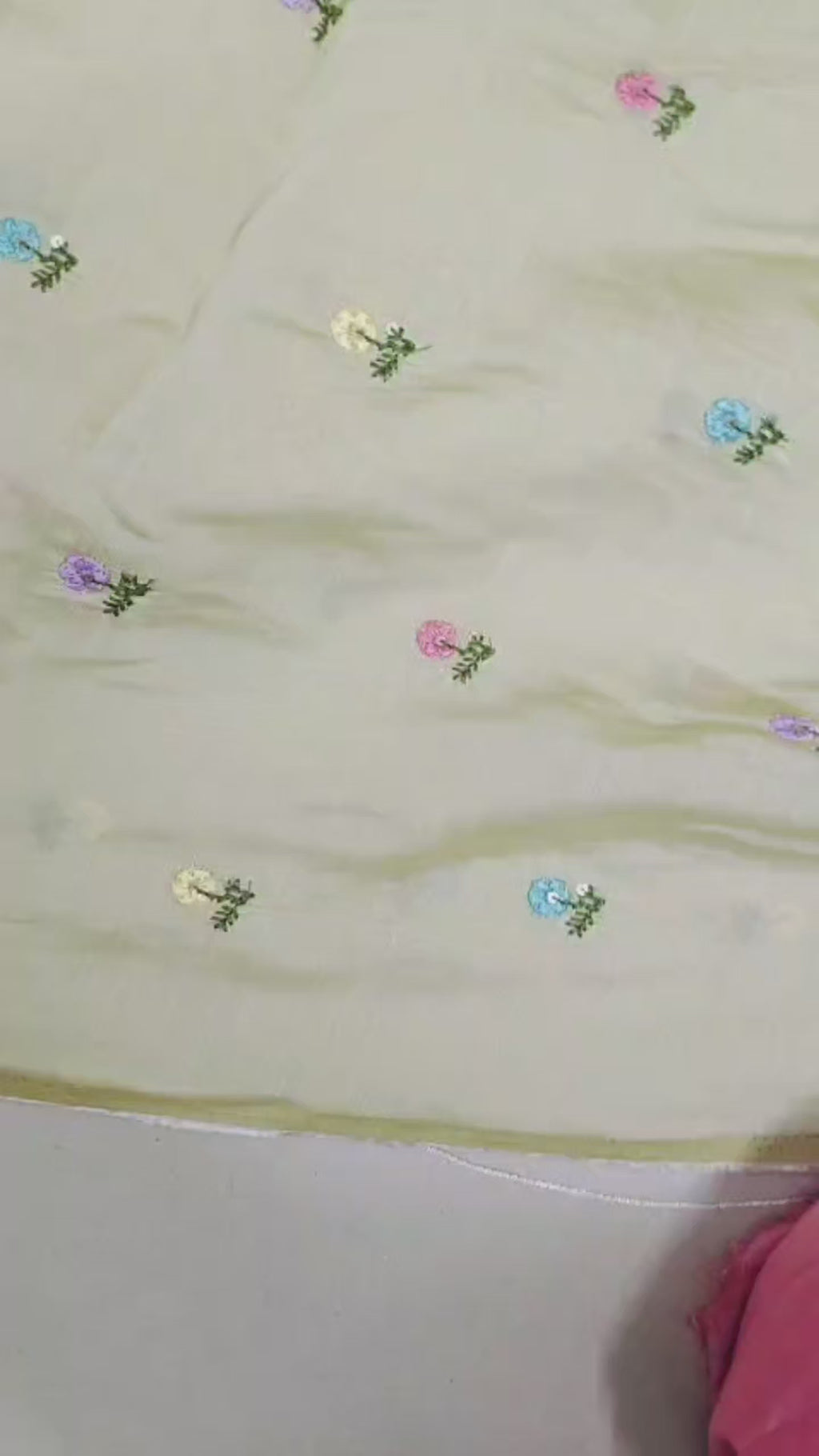Light olive tone Mul Chanderi Fabric With Floral Butti Embroidery