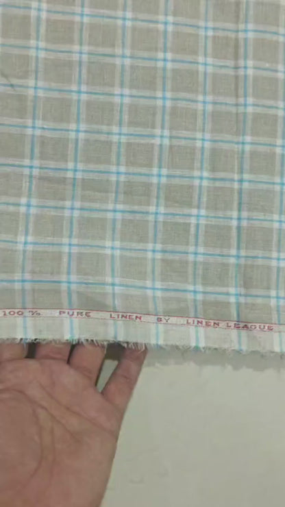 Premium 60 Lea 100%Pure Linen – Soft Khaki with Turquoise & White Windowpane Check(No Cotton)