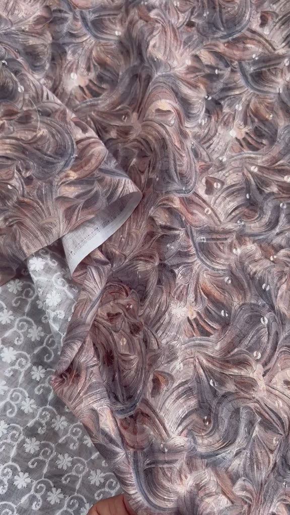 Artisan Swirl & Sequin Embellished Premium Digital Print & Chikankari Embroidered Fabric
