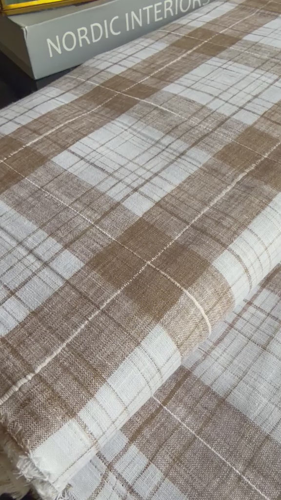 Earthy Browm & White plaid pattern premium cotton Linen fabric