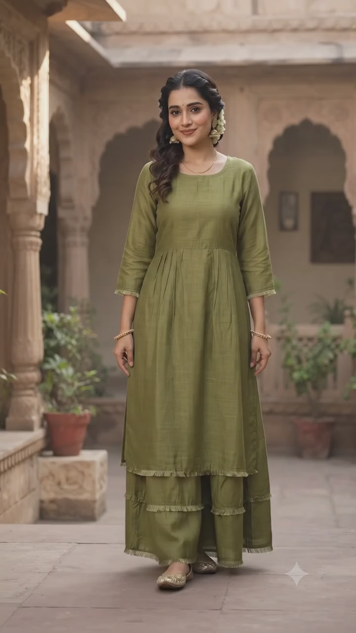 Solid Olive Green  Mul Chanderi Fabric (Big Width)