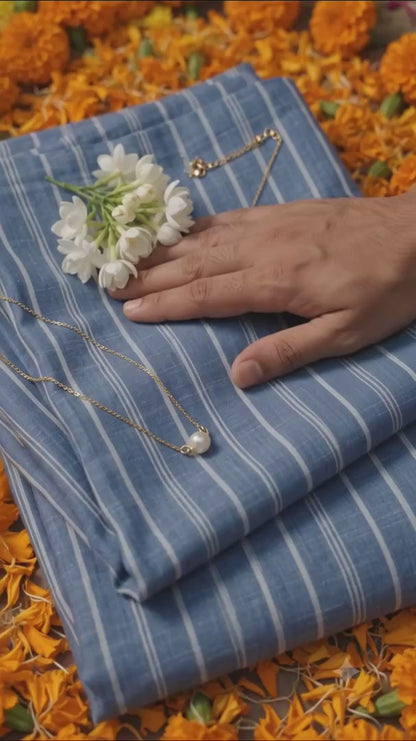 Blue & White Striped Cotton-Linen Blend Fabric