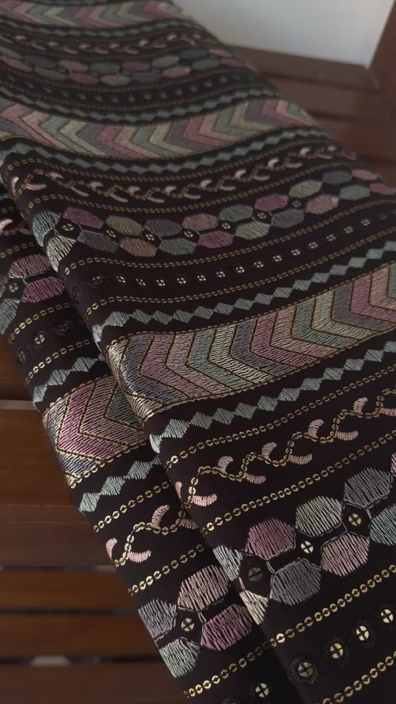 Midnight Black Geometric Chevron Embroidered Fabric(Big Width)