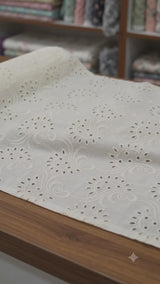 Premium Off-White Cotton Schiffli paisleys Fabric (Dyeable)