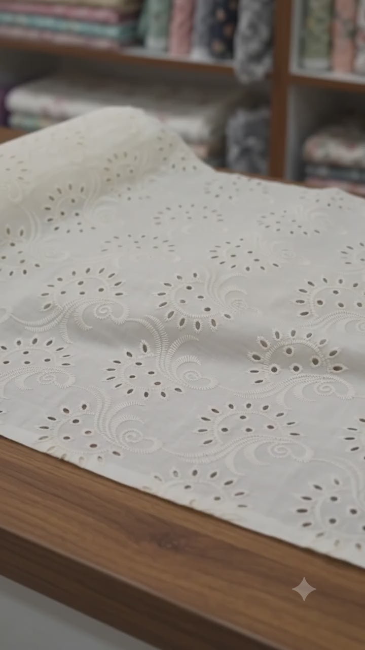 Premium Off-White Cotton Schiffli paisleys Fabric (Dyeable)