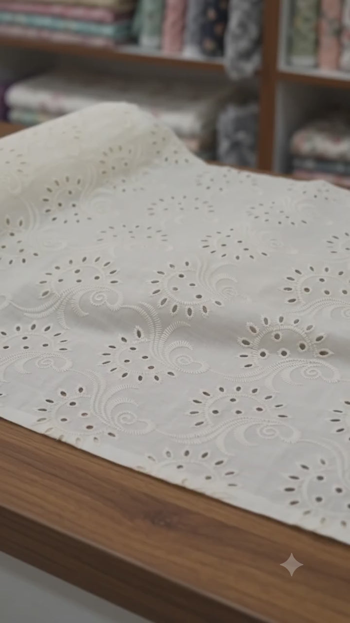 Premium Off-White Cotton Schiffli paisleys Fabric (Dyeable)