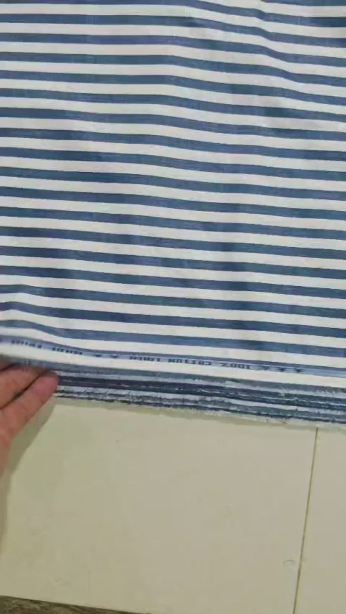 Premium Blue-White Striped Cotton-Linen 60 Lea Fabric