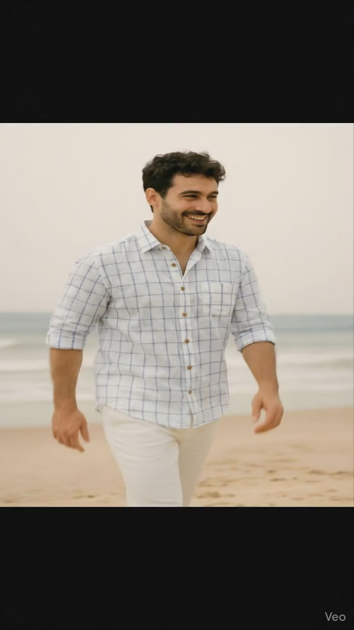 Off white Cotton Linen Fabric with Blue & Black Checks (60 lea)