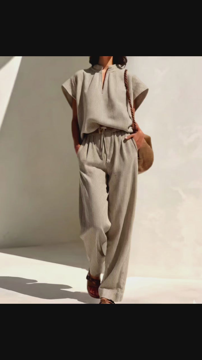 Khakee beige with white pinstripe Premium Cotton Linen Fabric