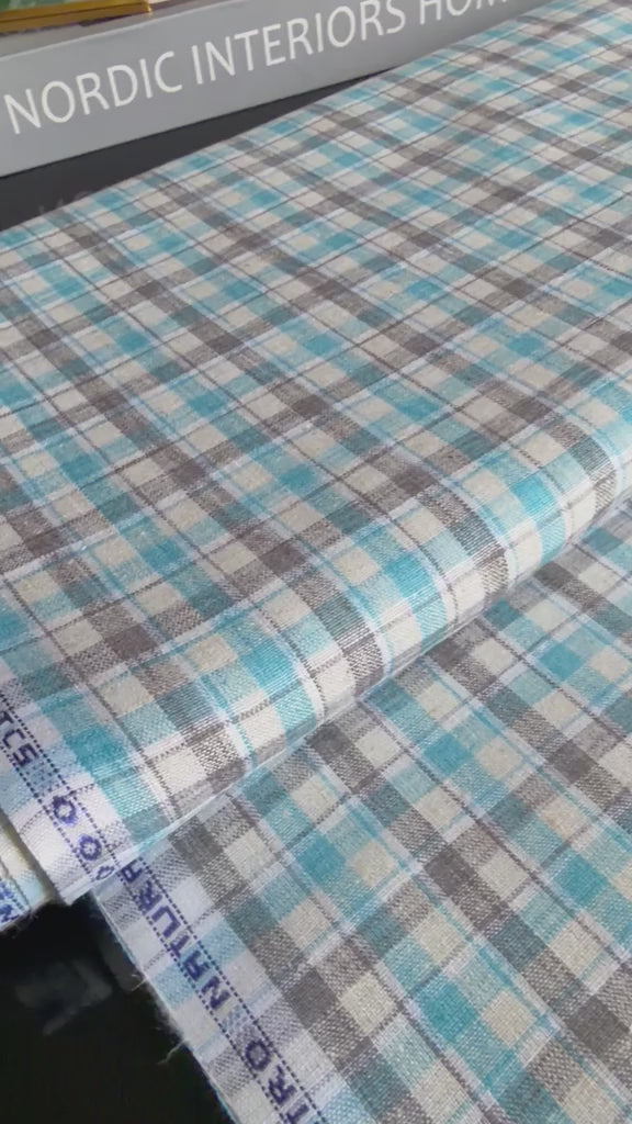 Premium 60 Lea Turquoise & Grey Plaid Cotton-Linen Blend Fabric