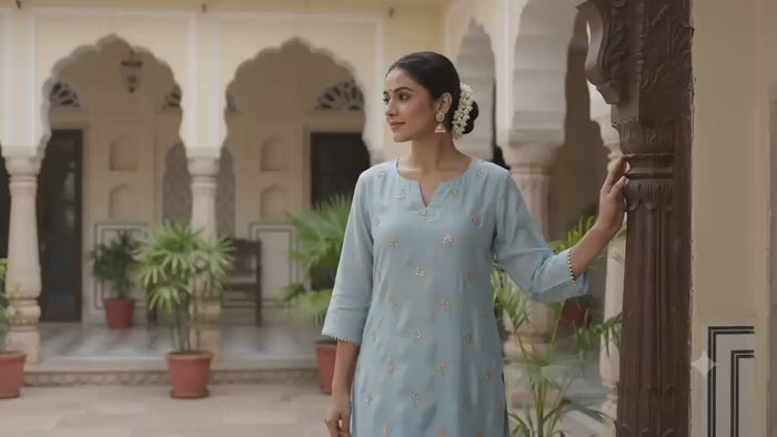 Golden Glitter Thread Embroidered Motifs on Powder Blue Malai Chanderi Silk Fabric