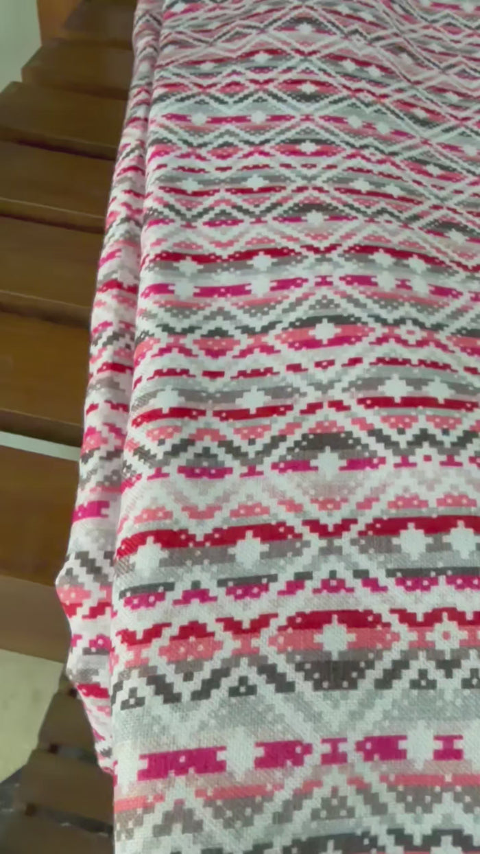 Hot Pink, Muted Grey,Black & White Geometric Motif Poly Linen Digital printed Fabric