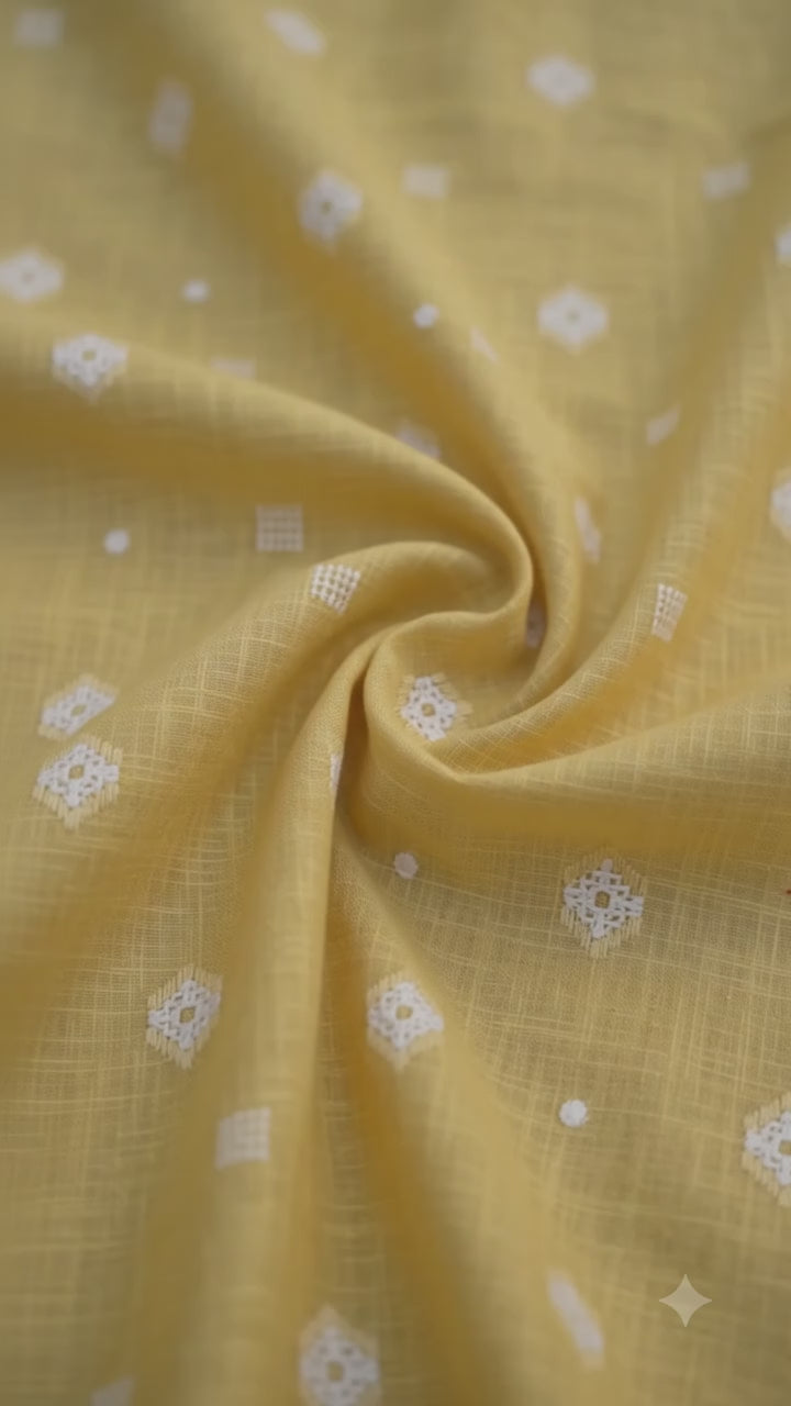 Elegant Lemon Yellow Cotton-Linen Fabric with Traditional Butti Weave