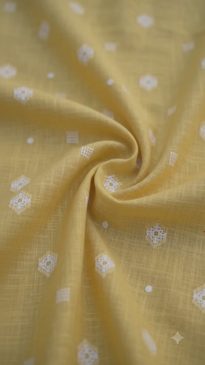 Elegant Lemon Yellow Cotton-Linen Fabric with Traditional Butti Weave