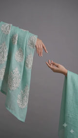 Lighter Sea Foam Chanderi silk Fabric With White Dori Motifs