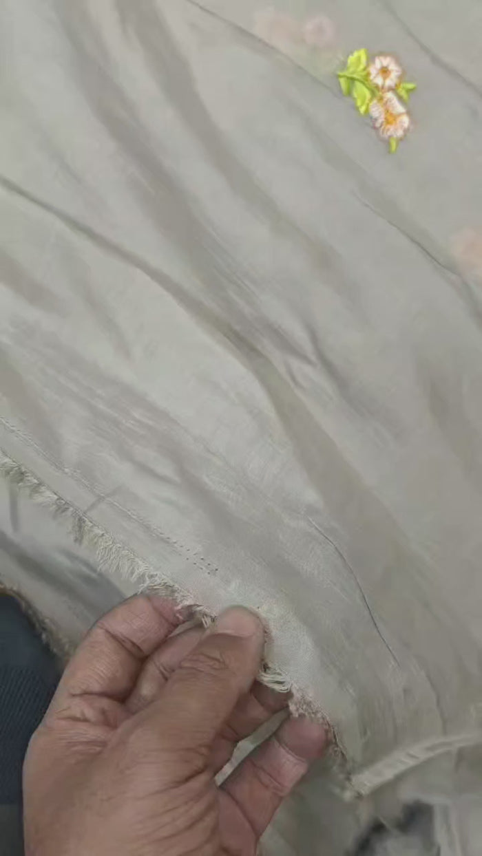 Ethereal Grey Mul Chanderi Embroidered with Vibrant Floral Motif Big Width Fabric