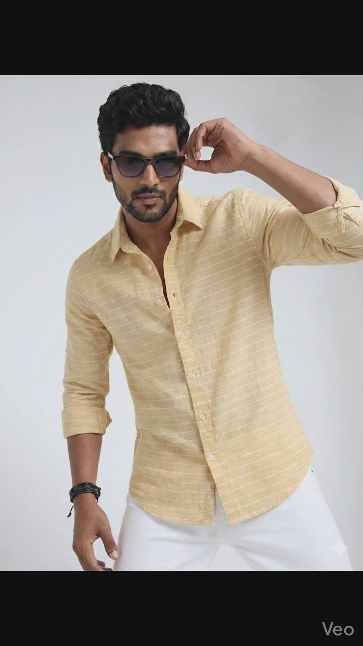 Light Mustard Premium Cotton Linen Fabric with Thin White Horizontal Lines (60 lea)