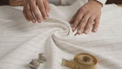 Classic White & Dual-Beige Striped Cotton-Linen Blend Fabric