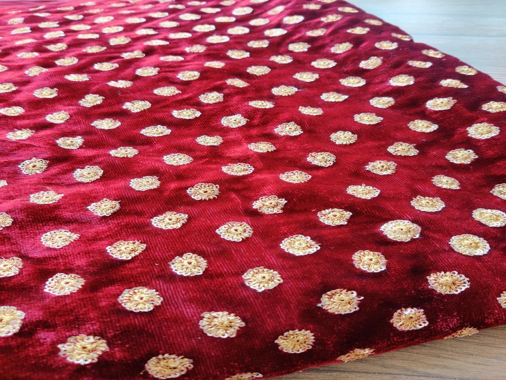 Maroon Golden Sequinned Flowers Embroidered Velvet Fabric