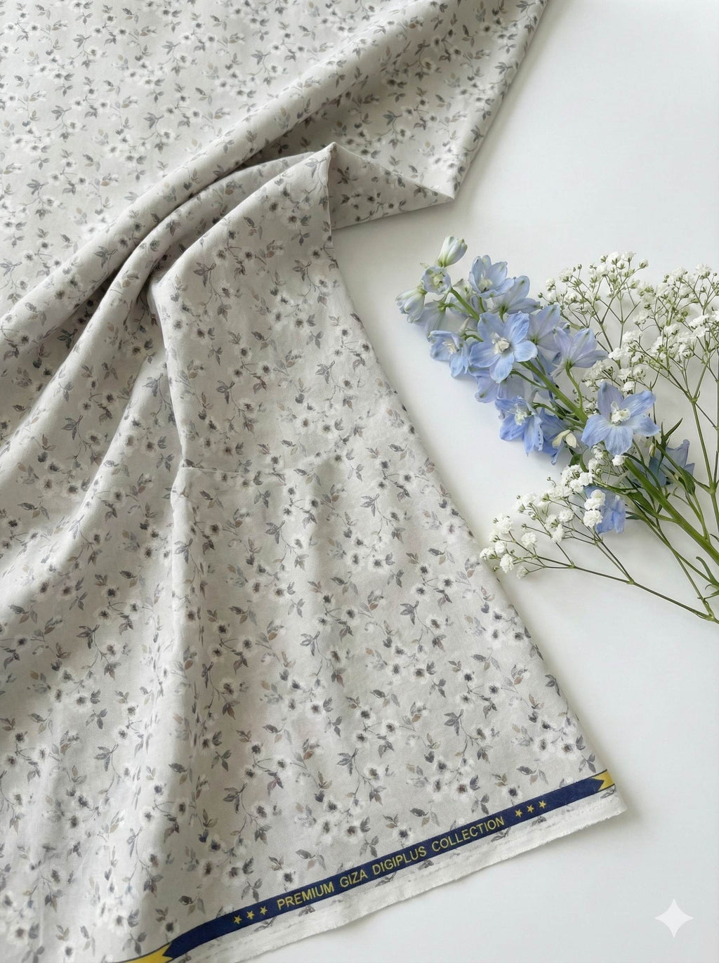 White Glossy Floral print pure cotton Fabric