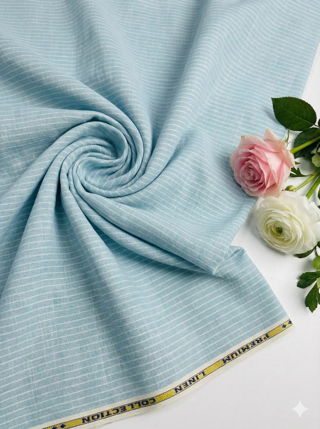 Electric Blue Pure Cotton Linen Fabric with Horizontal White Stripes (60 lea)
