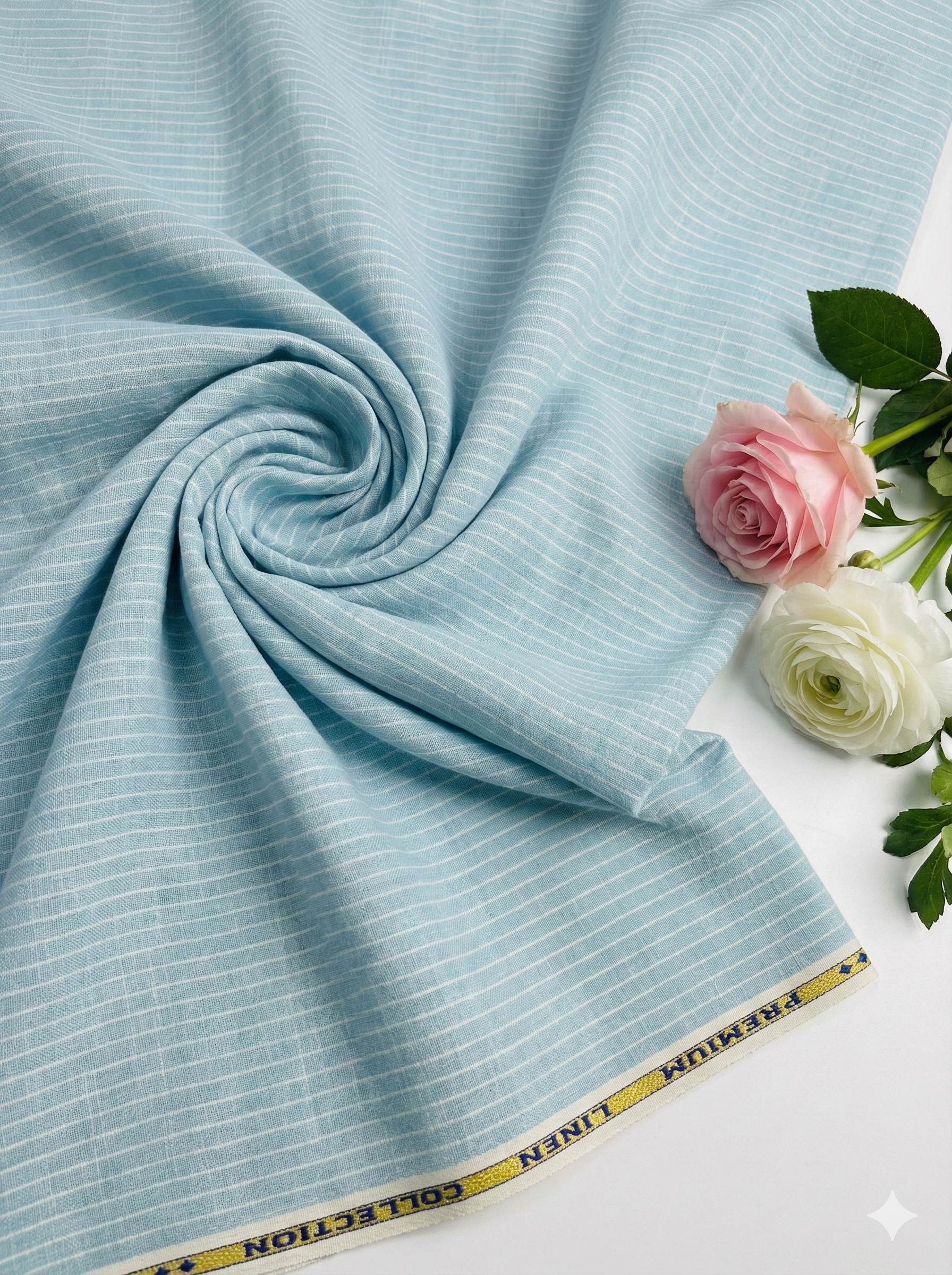 Electric Blue Pure Cotton Linen Fabric with Horizontal White Stripes (60 lea)