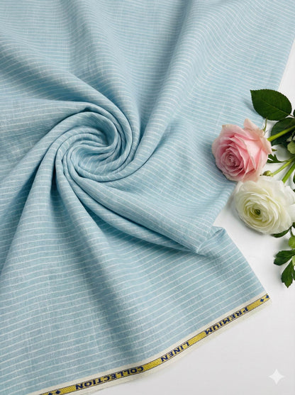 Electric Blue Pure Cotton Linen Fabric with Horizontal White Stripes (60 lea)