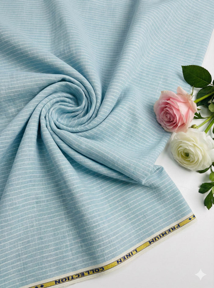Electric Blue Pure Cotton Linen Fabric with Horizontal White Stripes (60 lea)