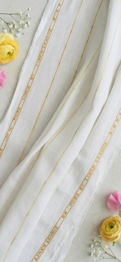 White 100% Pure Linen with Yellow  stripes (No cotton)
