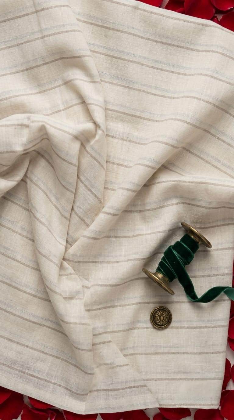 Off-White & Earth-Tone Striped Cotton-Linen 60 Lea Fabric